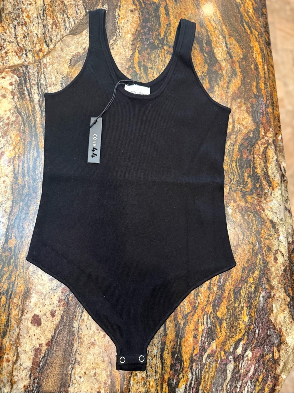 Stitches Black Ribbed Tank Bodysuit with Snap Closure